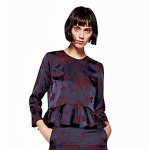 Zara navy floral jacquard peplum top